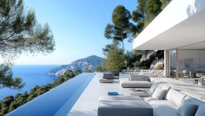 Fototapeta premium Modern villa with infinity pool overlooking ocean.