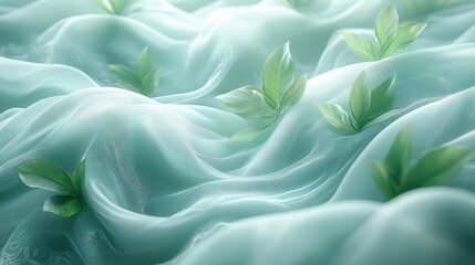 Obraz premium Ethereal fabric waves with delicate green leaves emerging.