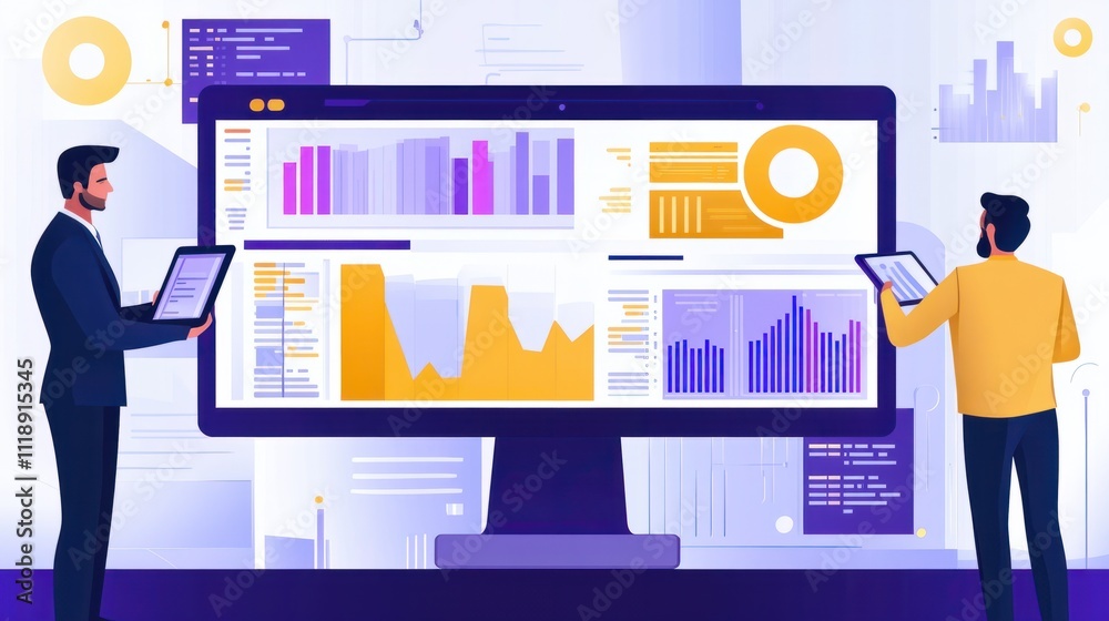 Poster business people analyze data and big data technology two businessmen calculate business analysis and