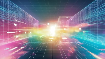 Obraz premium Abstract digital corridor with vibrant, glowing lines and data streams.