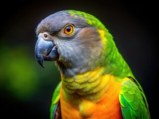 Obraz premium Senegal Parrot Night Photography - Close Up, Bird Portrait, Avian Wildlife, Nighttime Animal