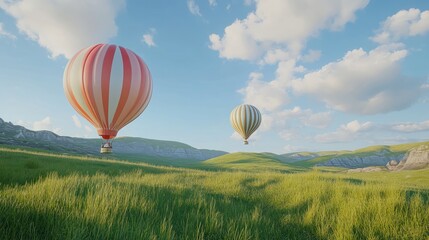 Obraz premium Colorful hot air balloons flying over green hill landscape