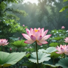 Fototapeta premium A delicate pink lotus flower blooms amidst the greenery, flower fields, Lotus flowers