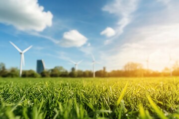 Green grass field with wind turbines and city skyline under sunny sky.