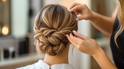 Naklejka premium A woman has her hair styled by a hairstylist.