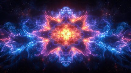 Fototapeta premium A symmetrical pattern of glowing neon lines forms an intricate mandala with dark blue and purple hues against a black background