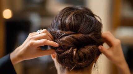 Naklejka premium A stylist finishes up a woman's hair for a special occasion.