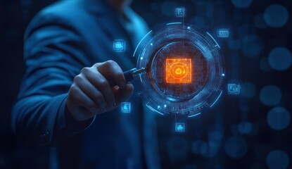 Businessman with Magnifying Glass Illuminating Light Bulb for Innovative Solution and Insight in Corporate Strategy