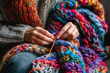 A person knitting a colorful blanket, showcasing craftsmanship and creativity.