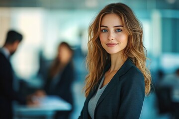 Obraz premium Confident Businesswoman in Modern Office Setting with Colleagues Discussing