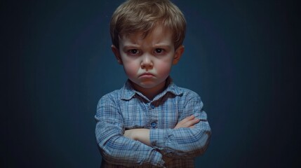 Mad male kid, angry little boy standing with his arms crossed, and looking at the camera with upset face expression. Unhappy toddler, studio shot, annoyed and frustrated child emotion