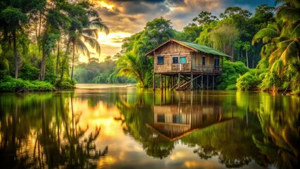 Obraz premium Serene Double Exposure of a Stilt Home Along the Amazon River During High Water Season