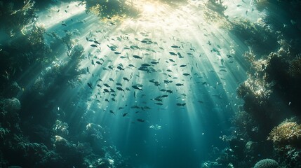 Obraz premium Sunbeams illuminate a school of fish swimming above a vibrant coral reef.