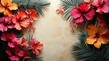 A tropical cocktail party banner with palm leaves in pink and orange colors on a beige background
