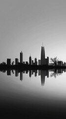 A monochrome skyline reflected in calm waters at dusk.