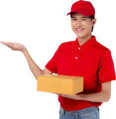 Young asian man in uniform red and cap standing carrying box stack isolated white background, employee holding cargo or package, courier and delivery, transportation and service, logistic concept.