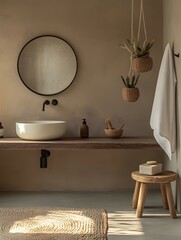 Modern Minimalist Bathroom with Natural Elements. Featuring a Round Mirror, White Vessel Sink, Wooden Countertop, Hanging Plants, and Rustic Decor for a Serene and Eco-Friendly Ambiance.
