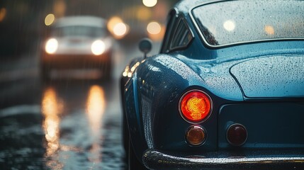 taillights of a classic car looking at a sports car parked ahead in light rain