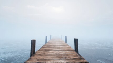 Fototapeta premium wooden dock way to horizon in foggy morning, minimalism style background with copy space, Generative Ai