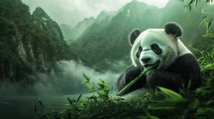 Obraz premium Giant panda eating bamboo in misty mountain landscape.