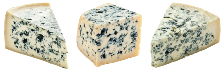 Set of blue cheese with distinctive blue veins transparent background.