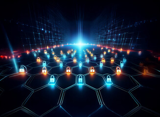 Obraz premium Glowing padlocks arranged in a hexagonal grid form a futuristic cybersecurity network. Bright light emanates from the center, symbolizing data protection.