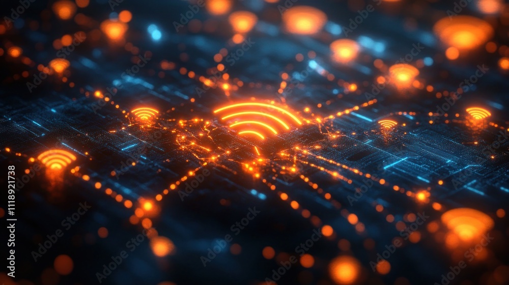 Poster Futuristic Wireless Network Visualization with Glowing Wi-Fi Signals and Cyberpunk Style