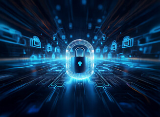 A glowing digital padlock sits at the center of a futuristic, fast-paced cyber landscape, surrounded by various security icons.  Data streams and circuits radiate outward, symbolizing digital protecti