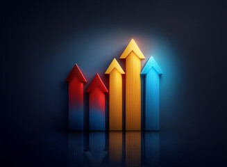 Five upward-pointing arrows in red, blue, and gold, illuminated against a dark background, symbolize growth and progress.  The glowing gold arrow suggests peak performance.