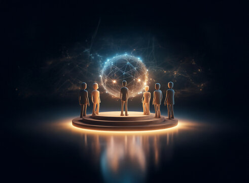 Glowing orb of interconnected nodes hovers above a group of figures on a raised platform, symbolizing global connection and collaboration.  The scene is dark, emphasizing the luminescence of the spher