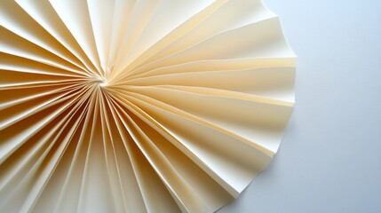 Decorative paper fan created with folded light-colored paper, showcasing intricate details, positioned on a flat surface, captured in natural light
