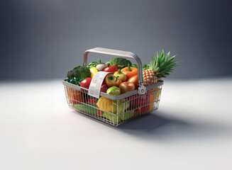A metal shopping basket overflows with fresh produce: vibrant peppers, broccoli, a pineapple, and lemons. A receipt peeks out, suggesting a recent purchase. The scene is minimalist, highlighting the b