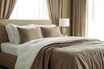 Serene Bedroom Design: Neutral Colors, Soft Textures, and Elegant Curtains Create a Calming Atmosphere.