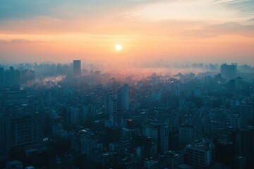 Fototapeta premium A city skyline at sunrise, shrouded in mist and soft light.