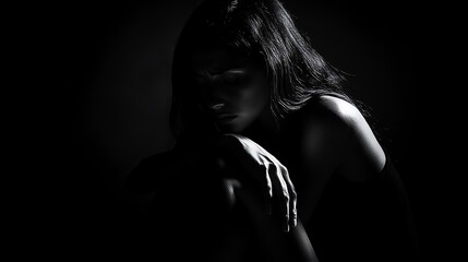 A woman with long hair sits in a darkened room, with only her face and some of her hair illuminated, her hand resting on her knee.