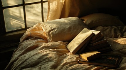 Sunlight Illuminates Stacked Books Resting on Soft Bed Linen Near Window, Cozy Reading Atmosphere