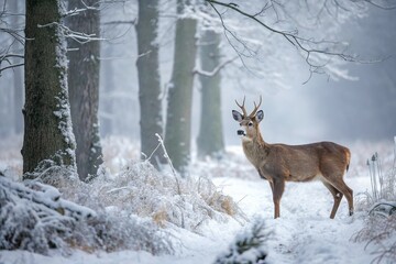 Generative ai collage photo of wild deer in winter woods