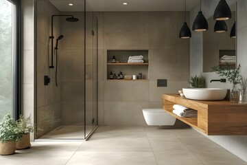 Modern Bathroom Design with Minimalist Aesthetics Featuring a Glass-Enclosed Shower, Floating Vanity, and Warm Ambient Lighting Accentuated by Greenery and Elegant Black Fixtures.