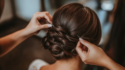 Naklejka premium A hairstylist styles a bride's hair for her wedding.