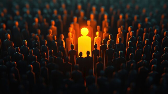 Illuminated Character Standing Out Among Dark and Identical Crowd of Applicants in Business Success