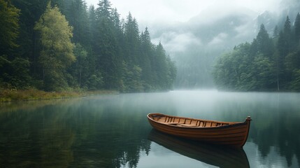 Serene wooden rowboat on a misty mountain lake.