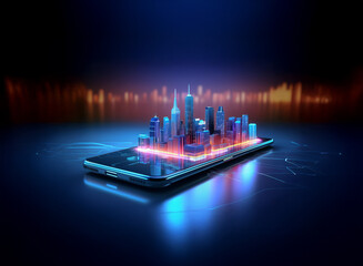 A futuristic cityscape miniature sits atop a sleek smartphone, illuminated by vibrant neon lights...