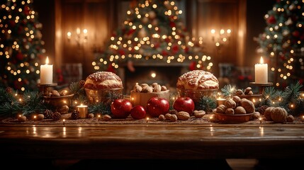 Christmas Eve table setting with panettone, apples, nuts, and candles.