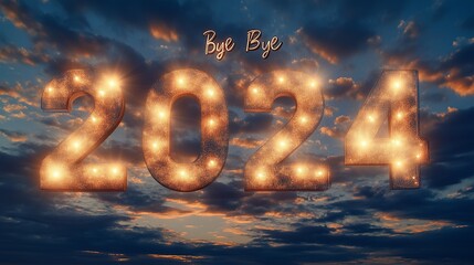 Bye Bye 2024 Realistic 2024 formed in the sky with glowing, warm light clouds, creating a soft, peaceful farewell to the year.