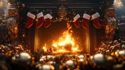 Obraz premium Christmas fireplace with stockings and ornaments.