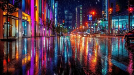 Obraz premium Vibrant cityscape reflecting colorful lights on a rainy night.