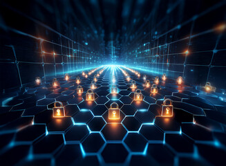 Abstract digital tunnel with glowing hexagonal grid and padlock icons, representing cybersecurity and data protection.  A futuristic concept of network security.