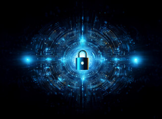 A glowing blue digital padlock at the center of a complex technological interface, symbolizing cybersecurity and data protection.