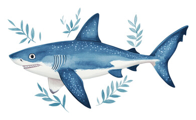 Whimsical illustration of a shark among sea plants, cut out - stock png.