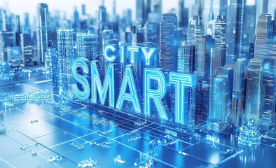 Glowing Standing Smart Wording in Urban City and Futuristic Technology Concepts 3D Rendering.